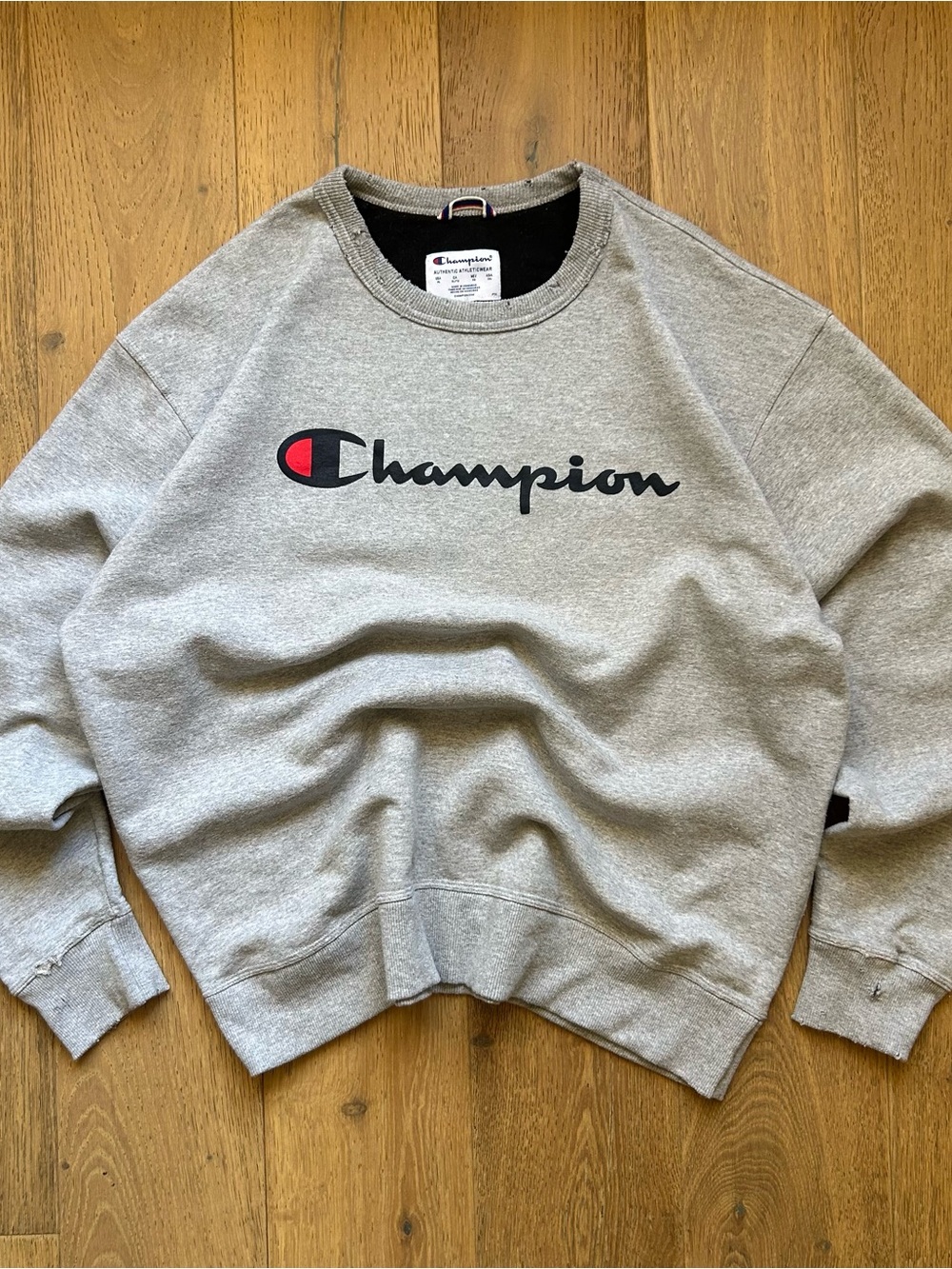 Champion Distressed Men's Grey Crewneck Sweatshirt with Logo